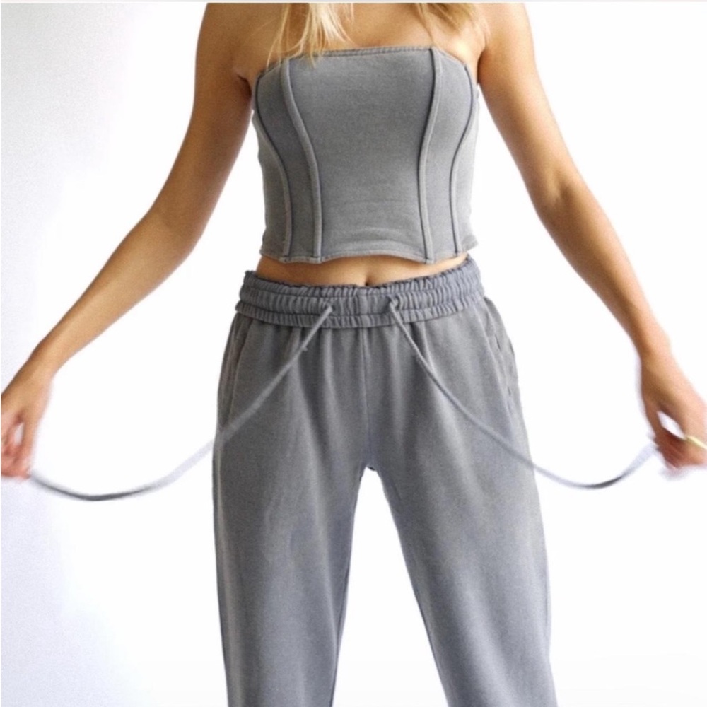 YLLW Yellow The Label grey 2 piece loungewear set corset top and sweatpants